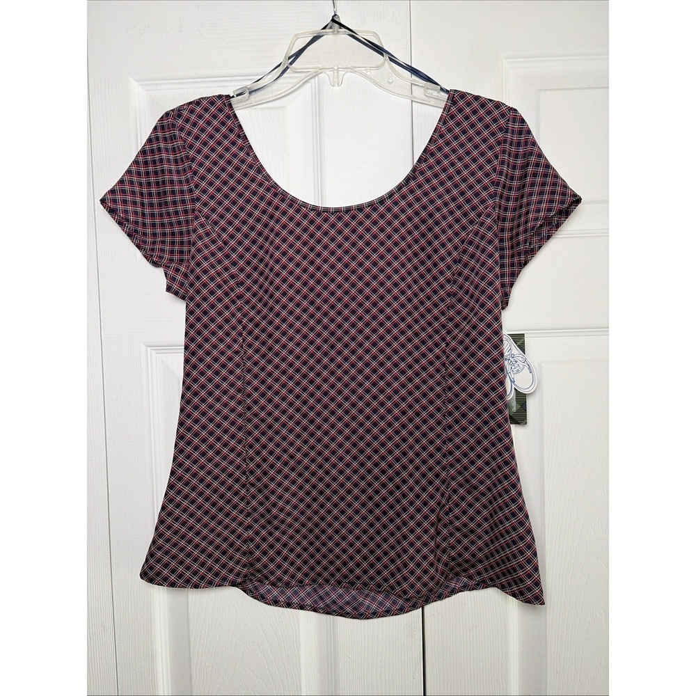 Keds Plaid Bow Back Blouse‎ Womens Size S Navy Red Checkered Y2K Preppy Top